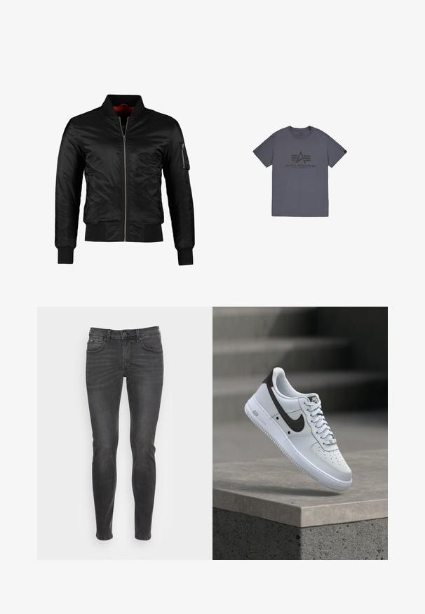 Veste bomber noire en nylon brillant avec une fermeture éclair à l'avant, des poignets côtelés et une poche zippée sur la manche gauche. L'intérieur est de couleur rouge vif.; T-shirt en coton gris avec col rond, présentant un motif de logo noir imprimé à l'avant. Manches courtes et coupe standard.; Jeans noirs slim avec une texture lisse, présentant un design classique à cinq poches et un léger dégradé sur le devant.; Baskets blanches Nike Air Force 1 avec logo Swoosh noir, flottant au-dessus d'un rebord en béton avec des escaliers flous en arrière-plan.