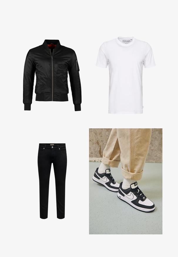 Veste bomber noire en nylon brillant avec une fermeture éclair à l'avant, des poignets côtelés et une poche zippée sur la manche gauche. L'intérieur est de couleur rouge vif.; T-shirt blanc à manches courtes en coton, avec un col rond et un design simple. Étiquette de marque visible au niveau du cou. Aucun motif ni accent.; Jean slim noir avec fermeture bouton et zip devant, passants de ceinture et design à cinq poches sur fond blanc.; Baskets Nike Air Force 1 en noir et blanc avec un dessus en cuir, orteil perforé et détail de semelle texturée, portées avec un pantalon beige retroussé et des chaussettes blanches.
