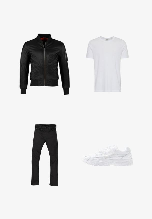 Veste bomber noire en nylon brillant avec une fermeture éclair à l'avant, des poignets côtelés et une poche zippée sur la manche gauche. L'intérieur est de couleur rouge vif.; T-shirt blanc uni à manches courtes et col rond, présenté sur fond blanc, avec une petite étiquette au col indiquant la marque « Solid ».; Jean en denim noir avec une coupe droite, style cinq poches et fermeture par bouton en métal. Texture lisse et couleur uniforme.; Nike Sportswear P-6000 - Baskets basses - white/platinum tint