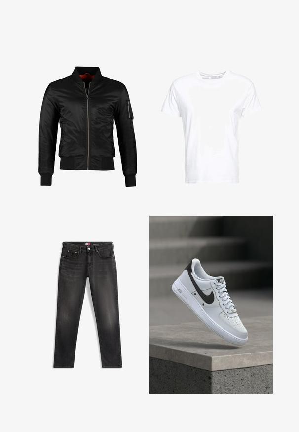 Veste bomber noire en nylon brillant avec une fermeture éclair à l'avant, des poignets côtelés et une poche zippée sur la manche gauche. L'intérieur est de couleur rouge vif.; T-shirt en coton blanc avec un col rond et des manches courtes, au fit classique et à la texture lisse. Aucun motif ni accessoire visible.; Jean slim noir en denim avec poches avant, passants pour ceinture et fermeture par bouton, avec un léger effet délavé et une petite étiquette de marque.; Baskets blanches Nike Air Force 1 avec logo Swoosh noir, flottant au-dessus d'un rebord en béton avec des escaliers flous en arrière-plan.