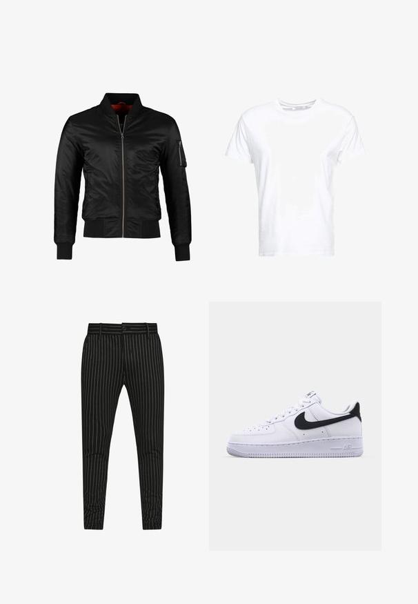 Veste bomber noire en nylon brillant avec une fermeture éclair à l'avant, des poignets côtelés et une poche zippée sur la manche gauche. L'intérieur est de couleur rouge vif.; T-shirt en coton blanc avec un col rond et des manches courtes, au fit classique et à la texture lisse. Aucun motif ni accessoire visible.; Pantalons rayés noirs avec des fines rayures blanches verticales, une coupe slim, et une fermeture à bouton avec passants de ceinture pour un ajustement réglable.; Sneaker en cuir blanc avec un Swoosh noir texturé, des lacets plats et une semelle en caoutchouc avec un motif strié. "AIR" est embossé sur le talon.