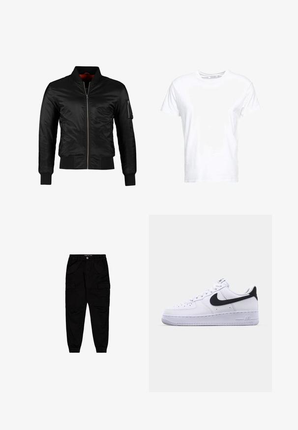 Veste bomber noire en nylon brillant avec une fermeture éclair à l'avant, des poignets côtelés et une poche zippée sur la manche gauche. L'intérieur est de couleur rouge vif.; T-shirt en coton blanc avec un col rond et des manches courtes, au fit classique et à la texture lisse. Aucun motif ni accessoire visible.; Pantalons cargo noirs en coton, dotés de deux poches avant et de deux poches cargo sur les côtés, avec des poignets et une taille élastiqués.; Sneaker en cuir blanc avec un Swoosh noir texturé, des lacets plats et une semelle en caoutchouc avec un motif strié. "AIR" est embossé sur le talon.