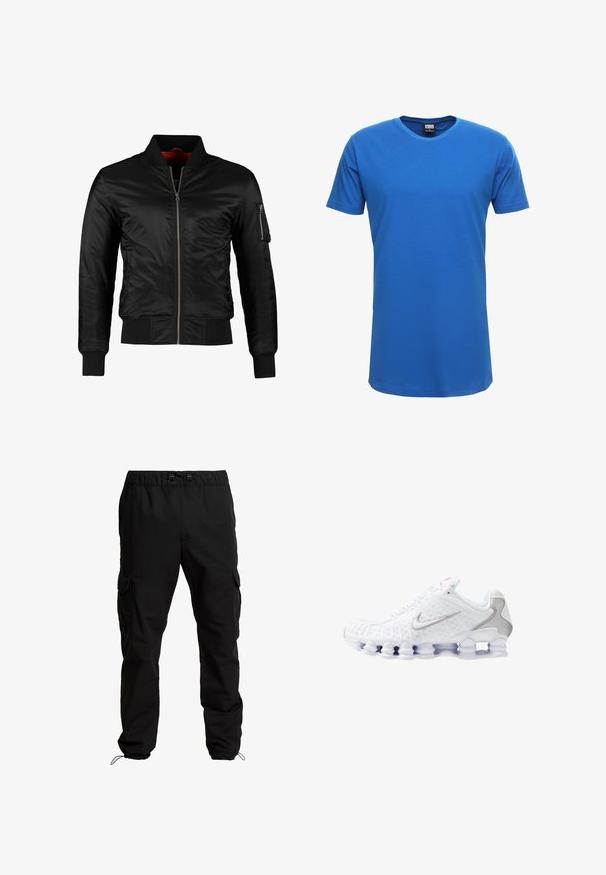 Veste bomber noire en nylon brillant avec une fermeture éclair à l'avant, des poignets côtelés et une poche zippée sur la manche gauche. L'intérieur est de couleur rouge vif.; T-shirt en coton bleu avec un col rond et des manches courtes ; texture lisse, légèrement extensible, avec un ourlet droit. Pas de motifs ni d'accents.; Pantalons cargo noirs en tissu durable, dotés d'une taille élastique, de cordons de serrage ajustables et de poches latérales avec fermetures à rabat.; Chaussures de sport blanches avec une tige texturée, un logo Swoosh argenté, des empiècements en mesh et une semelle blanche segmentée distinctive.