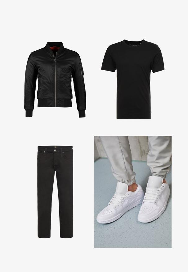 Veste bomber noire en nylon brillant avec une fermeture éclair à l'avant, des poignets côtelés et une poche zippée sur la manche gauche. L'intérieur est de couleur rouge vif.; T-shirt noir à manches courtes en coton, avec un col rond et une étiquette logo discrète sur le côté. Design simple et polyvalent.; Jean noir à jambe droite avec fermeture à boutons et à zip, poches avant et arrière, et passants de ceinture, de la marque Lee.; Des baskets en cuir blanc présentent une zone de perforation à l'avant, des lacets plats, un col rembourré et le logo Jordan sur la languette. Portées avec un pantalon de jogging gris.