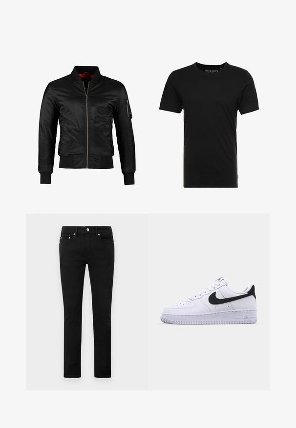 Veste bomber noire en nylon brillant avec une fermeture éclair à l'avant, des poignets côtelés et une poche zippée sur la manche gauche. L'intérieur est de couleur rouge vif.; T-shirt noir à manches courtes en coton, avec un col rond et une étiquette logo discrète sur le côté. Design simple et polyvalent.; Jeans slim fit noirs avec cinq poches, bouton en métal et passants de ceinture, présentés à plat sur un fond blanc.; Sneaker en cuir blanc avec un Swoosh noir texturé, des lacets plats et une semelle en caoutchouc avec un motif strié. "AIR" est embossé sur le talon.
