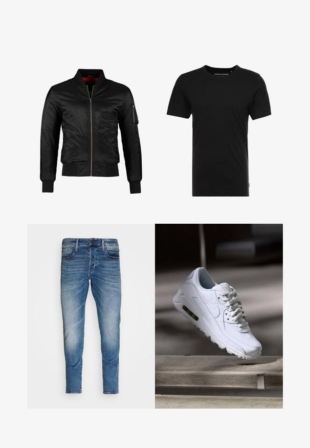 Veste bomber noire en nylon brillant avec une fermeture éclair à l'avant, des poignets côtelés et une poche zippée sur la manche gauche. L'intérieur est de couleur rouge vif.; T-shirt noir à manches courtes en coton, avec un col rond et une étiquette logo discrète sur le côté. Design simple et polyvalent.; Jean en denim bleu slim-fit avec poches avant, passants de ceinture, fermeture par bouton et détails décolorés aux cuisses et aux genoux.; Baskets blanches en cuir avec des surfaces texturées, un col rembourré et un amorti d'air visible dans la semelle. Elles possèdent des lacets et un design minimaliste.