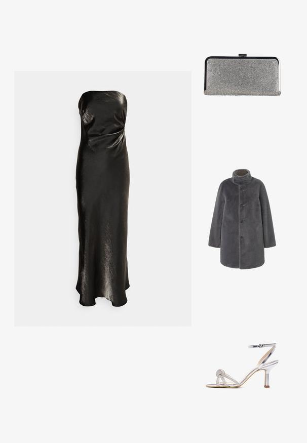 Harmaa keinoturkiskotelo, jossa on korkea kaulus, napitettava etuosa ja pitkät hihat. Ominaisuuksiin kuuluu pehmeä rakenne ja rento siluetti.; Forever New Petite ASHTON STRAPLESS DRESS - Iltapuku - gunmetal; Hopea korkokenkä, jossa on nilkkahihna ja koristeellinen solmuvyö etuhihnassa, matalalla tukkikorolla.; Suorakulmainen hopeanvärinen iltalaukku, joka on koristeltu pienillä strasseilla ja siinä on musta-hopeinen metallikehys sekä lukitus.