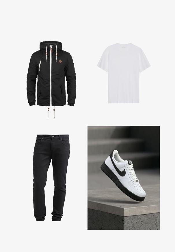Veste noire à capuche avec fermeture éclair blanche et cordons, deux poches avant avec boutons et un petit patch carré marron sur la poitrine.; T-shirt en coton blanc à manches courtes, col rond et texture lisse. Présente un branding minimal au niveau du col.; Jeans noirs ajustés avec fermeture à bouton et à glissière, cinq poches et poignets élastiques aux chevilles.; Baskets en cuir blanc avec accents noirs, bout arrondi et détails perforés. Semelle en caoutchouc noire avec motif texturé et fermeture à lacets.