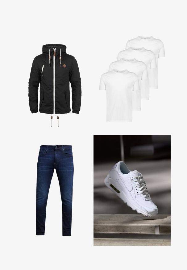 Chaqueta negra con capucha, cremallera blanca y cordones, dos bolsillos delanteros con botones y un pequeño parche cuadrado marrón en el pecho.; Camisetas de algodón blancas, de manga corta, con cuello redondo, textura suave, cuatro piezas apiladas con diseño consistente y sin patrones ni acentos.; Jeans de mezclilla ajustados en azul oscuro con cierre frontal de botón y cremallera, bolsillos delanteros y traseros, y detalles de desvanecimiento sutil.; Zapatilla blanca de piel con superficies texturizadas, cuello acolchado y amortiguación de aire visible en la suela. Presenta cordones y un diseño minimalista.