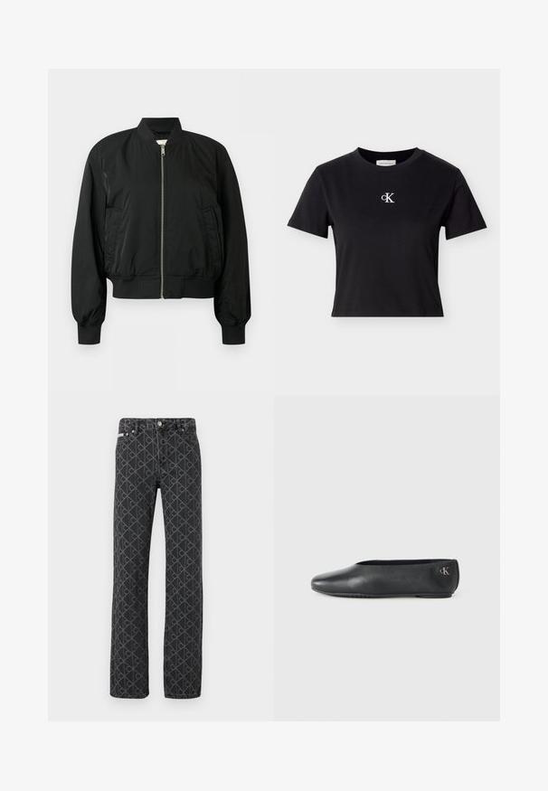 Blouson aviateur noir avec fermeture éclair frontale, col, poignets et ourlet côtelés, ainsi que deux poches latérales, sur fond uni.; T-shirt noir en coton à manches courtes avec un col rond et un logo "cK" blanc sur la poitrine. Le design est simple avec une coupe courte.; Jeans en denim noir avec un motif discret de logos en all-over. Coupe droite avec cinq poches et fermeture à bouton métallique.; Ballerines en cuir noir avec un bout arrondi et une semelle en caoutchouc plate. Un petit logo en argent est embossé sur le talon.