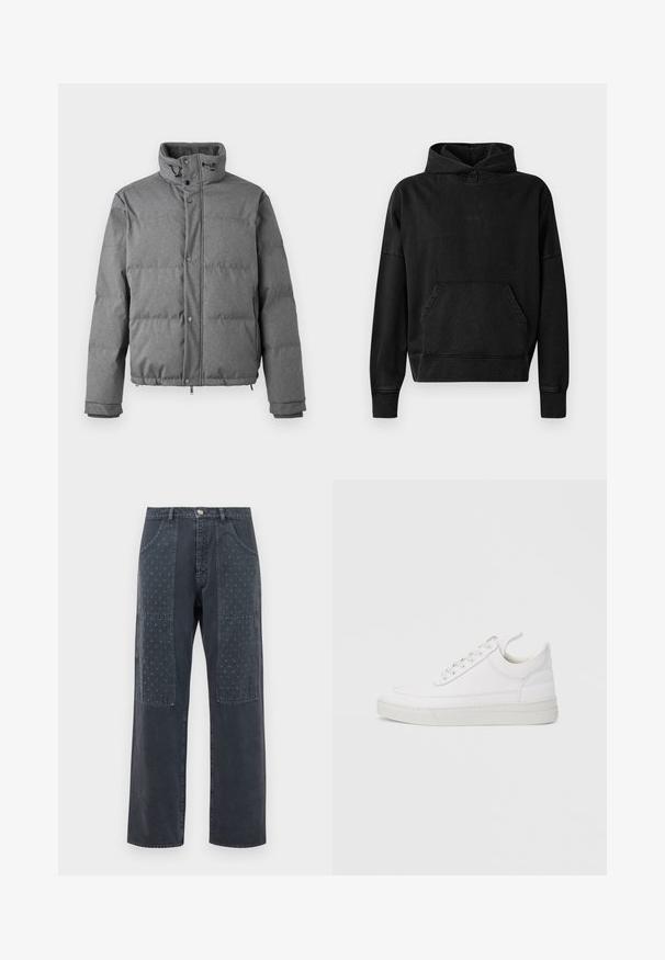Iceberg PIUMINO - Dunjakker - grigio scuro; Sort hættejakke med frontlomme, ribbede manchetter og kant. Har et minimalistisk design med et lille "WON" logo på brystet. Blødt stof.; Mørkegrå jeans med bred benudskæring, der har dekorative lapper på forsiden med et subtilt blomstermønster og standardlomme-detaljering.; Hvid lædersneaker med rundet tå, flad sål og snørebånd foran. Har syningsdetaljer og polstret krave for komfort.