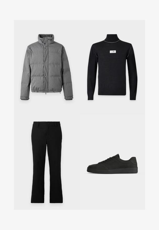 Iceberg PIUMINO - Down jacket - grigio scuro; Black long-sleeve turtleneck sweater with white stitching on shoulders and a small white rectangular logo patch on the chest.; Black flared trousers made of cotton blend fabric, featuring a button closure, belt loops, and a smooth texture with no visible patterns.; Black low-top sneaker with lace-up design and thick sole shown from the side on a plain light background.
