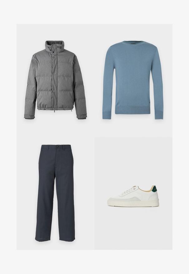 Iceberg PIUMINO - Daunenjacke - grigio scuro; Hellblauer Pullover aus glatt gestricktem Stoff mit langen Ärmeln, geripptem Halsausschnitt und Saum. Verfügt über ein schlichtes Design ohne Muster.; Marineblaue Hosen aus glattem Stoff, mit geradem Schnitt, zwei Fronttaschen und einem einzelnen Knopfverschluss.; Weiße Sneaker mit Wildlederelementen, runder Zehenpartie, flachen Schnürsenkeln und einer cremefarbenen Gummisohle. Mit grünen Markenlogo am Fersenbereich.