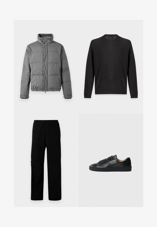 Iceberg PIUMINO - Doudoune - grigio scuro; Pull noir texturé à manches longues avec col rond, poignets et ourlet côtelés sur fond gris clair.; Pantalons en polaire noire avec taille élastique et coupe droite. Texture lisse sans motifs ni éléments métalliques visibles.; Baskets en cuir noir avec une texture lisse, bout rond et fermeture à lacets. Comprend une semelle en caoutchouc épaisse et un minimum de détails de marque.