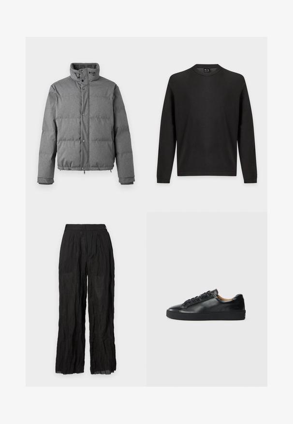 Iceberg PIUMINO - Dunjakker - grigio scuro; Sort tekstureret langærmet crewneck sweater med ribstrikkede manchetter og kant på en lysegrå baggrund.; Sorte linned brede bukser med en struktureret overflade. Har en elastisk talje og diskrete folder.; Sorte lædersneakers med en glat overflade, rund tå og snørebåndslukning. Har en tyk gummisål og minimal branddetalje.
