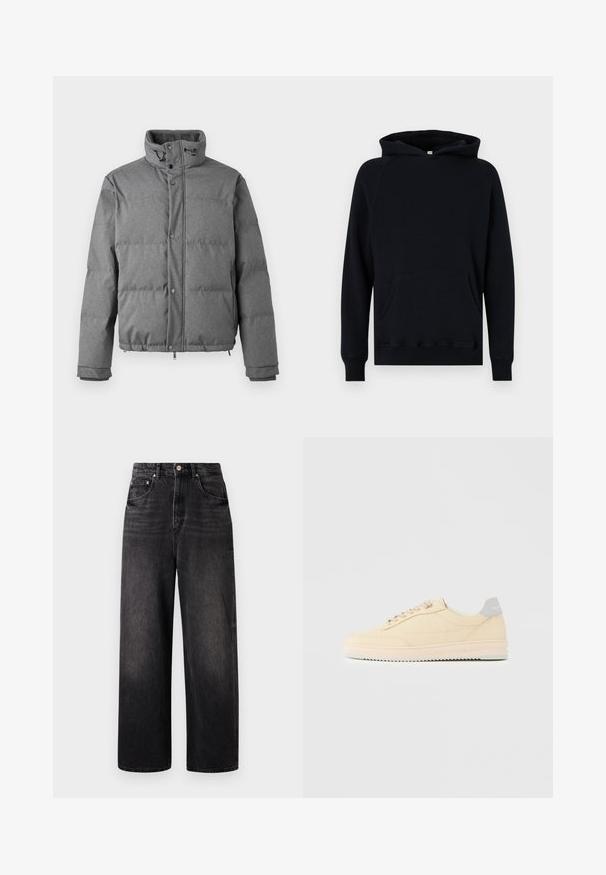 Iceberg PIUMINO - Gewatteerde jas - grigio scuro; Zwarte katoenen hoodie met een kangoeroe-zak, lange mouwen en een kap met trekkoord. Ribgebreide manchetten en zoom, textuurstof. Klassieke pasvorm.; Zwarte denim jeans met een losse pasvorm, hoge taille, vijf zakken en een opvallende knoopsluiting. Heeft subtiele vervaging en een recht gesneden ontwerp.; Beige lage sneaker met veters aan de voorkant, lichtroze zool en een grijze hieltab met het merk "Filling Pieces", zijaanzicht op een effen achtergrond.