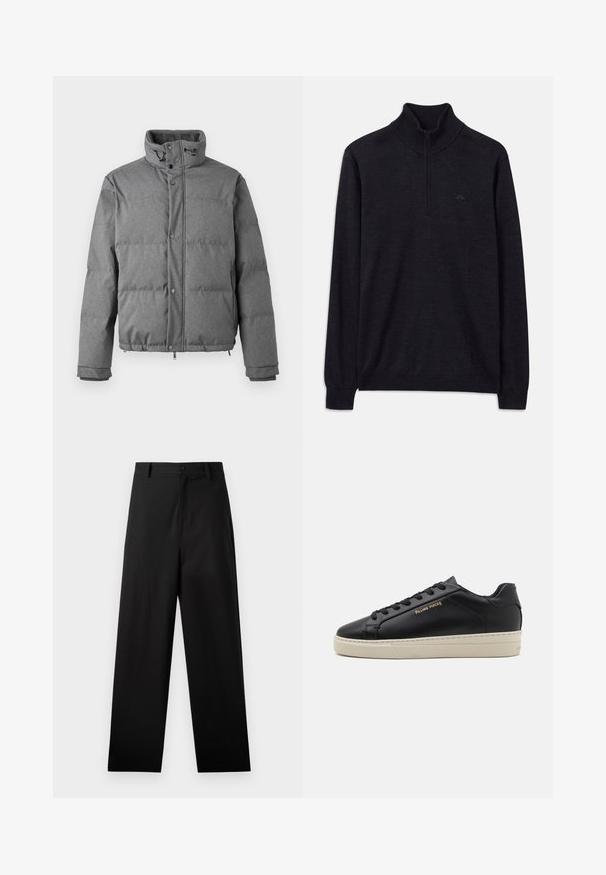 Iceberg PIUMINO - Dunjakker - grigio scuro; Sort langærmet sweater med ribbet høj krave og halv lynlås, med et subtilt logo på venstre bryst.; Sorte bukser lavet af bomuld med lige ben-design, der har en frontknaplukning og sidelommer. Glat tekstur, ingen mønstre.; Sorte lædersneakers med en glat finish, kontrasterende cremefarvet sål, rund tå, guld logo på siden og seks huller til snørebånd.
