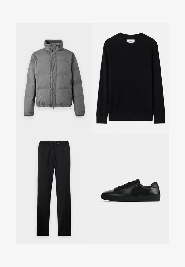 Iceberg PIUMINO - Dunjakker - grigio scuro; Sort ribbet sweater med rund halsudskæring, lange ærmer og strikket tekstur. Har en lige kant og en subtil brandinglabel indeni.; Iceberg PANTALONI - Bukser - nero; Sort lavtop lædersneaker med sorte snørebånd og en tyk sort sål, vist fra siden på en lysegrå baggrund.