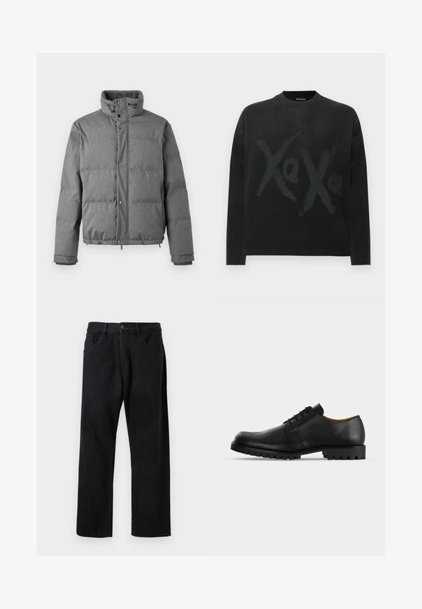 Iceberg PIUMINO - Sulejope - grigio scuro; Mustast puuvillasest kangast pikkade varrukatega T-särk, millel on suur "Xo" graafika veidi heledamas toonis, ümar kaelus ja lõdvestunud istuvus.; Mustad denimist valmistatud mustad teksad, klassikalise viie taskuga disainiga, sirge lõikega ja nööbiga kinnitusega. Sile tekstuur, ilma nähtavate mustriteta.; Must nahast paeltega ametlik king, millel on paks sooneline tald ja madal konts, esitatud valgel taustal.