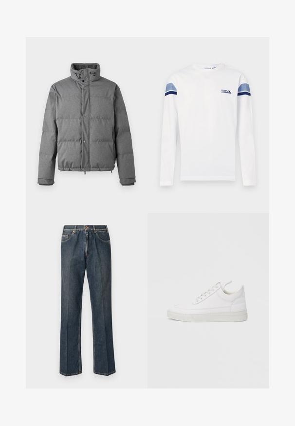 Iceberg PIUMINO - Dunjakker - grigio scuro; Hvid langærmet skjorte med V-hals, der har blå og lyseblå horisontale striber på skuldrene og et lille logo på brystet.; Mørkeblå lige ben denim jeans med frontknap, lynlås, dobbelte forlommer og synlige lodrette folder ned langs benene.; Hvid lædersneaker med rundet tå, flad sål og snørebånd foran. Har syningsdetaljer og polstret krave for komfort.