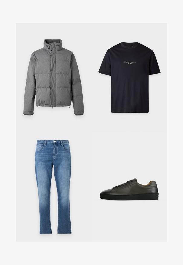 Iceberg PIUMINO - Daunenjacke - grigio scuro; Schwarzes Kurzarm-T-Shirt mit Rundhalsausschnitt und dem Text "EMPORIO ARMANI MILANO", zentriert auf der Brust in kleiner weißer Schrift.; Blaue Jeans aus Denim mit geradem Bein, Vorderknopf- und Reißverschluss sowie Fünf-Taschen-Design, dargestellt vor einem schlichten hellen Hintergrund.; Niedriger dunkelgrauer Ledersneaker mit schwarzen Schnürsenkeln und Sohle, minimalistisches Design, Seitenprofil vor einem schlichten hellen Hintergrund.