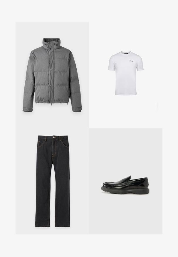 Iceberg PIUMINO - Dunjakker - grigio scuro; Enkelt hvid T-shirt med korte ærmer med lille sort script-logo på venstre bryst og rund halsudskæring.; Sorte jeans med lige ben, kontrast-orange syninger, knap foran og lommer på en ensfarvet lyse baggrund.; Sort læderloafer med en blank finish, rund tå, subtile syninger og en tyk gummisål for holdbarhed.