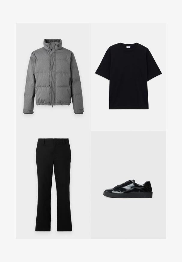Iceberg PIUMINO - Daunenjacke - grigio scuro; Schwarzes, oversized T-Shirt mit kurzen Ärmeln und rundem Ausschnitt, mit sichtbarem Filippa K Markenlabel im Kragen.; Schwarze, weit geschnittene Hosen aus einem Baumwollgemisch, mit einem Knopfverschluss, Gürtelschlaufen und einer glatten Textur ohne sichtbare Muster.; Schwarze Lackledersneaker mit runder Zehenform, Schnürdesign, strukturiertem Gummisohle und glatter Oberfläche.