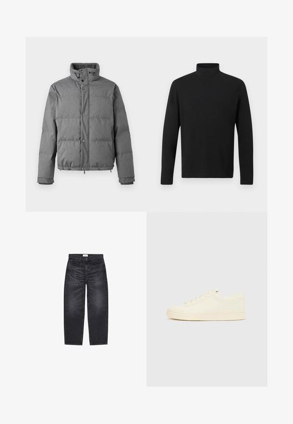 Iceberg PIUMINO - Down jacket - grigio scuro; Black turtleneck shirt made of smooth fabric. Features long sleeves and a high collar. Simple design with no additional patterns or accents.; Black faded straight-leg jeans with front pockets and a button closure, laid flat on a white background.; Cream-colored sneaker with a smooth leather upper, rounded toe, lace-up front, and a textured rubber sole. Minimalist design, no logos.