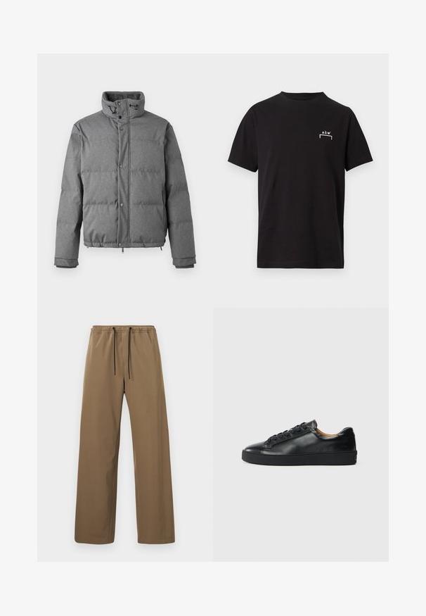 Iceberg PIUMINO - Dunjakker - grigio scuro; Sort T-shirt med korte ærmer og rund hals med lille hvidt "A C W" logo og understregning på venstre bryst.; Brune bukser med lige snit, elastisk talje og sorte snore, vist mod en ensfarvet lys baggrund.; Sorte lædersneakers med en glat overflade, rund tå og snørebåndslukning. Har en tyk gummisål og minimal branddetalje.