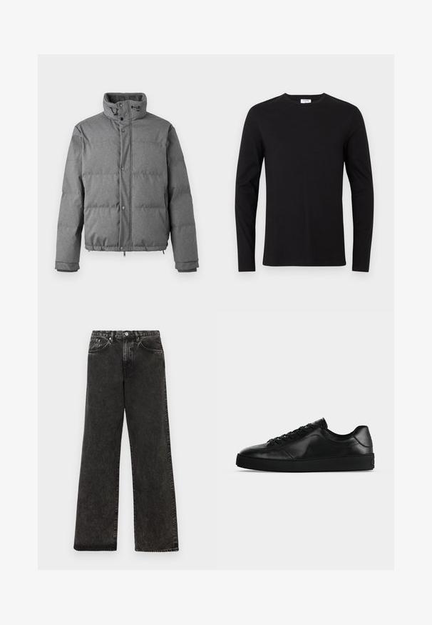 Iceberg PIUMINO - Doudoune - grigio scuro; T-shirt noir à manches longues en coton, doté d'un col rond et d'un design simple sans motifs ni ornements visibles.; Jean large en denim noir avec une texture décolorée, cinq poches, fermeture à bouton à l'avant et accents en métal argenté.; Sneaker noir en cuir à profil bas avec lacets sur le devant et semelle plate texturée, montré de profil sur un fond neutre.