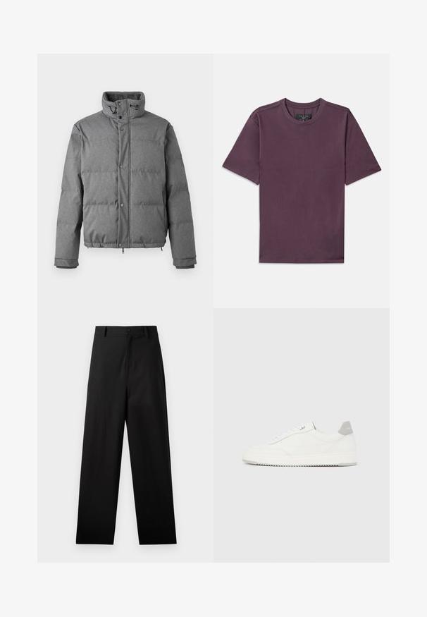 Iceberg PIUMINO - Doudoune - grigio scuro; T-shirt à manches courtes et col rond en mauve foncé avec une étiquette de marque visible cousue à l'intérieur du col.; Pantalons noirs en coton avec une coupe droite, dotés d'une fermeture à bouton à l'avant et de poches latérales. Texture lisse, sans motifs.; Baskets basses blanches avec un onglet de talon gris, des lacets blancs et une semelle texturée, présentées sur un fond uni clair.