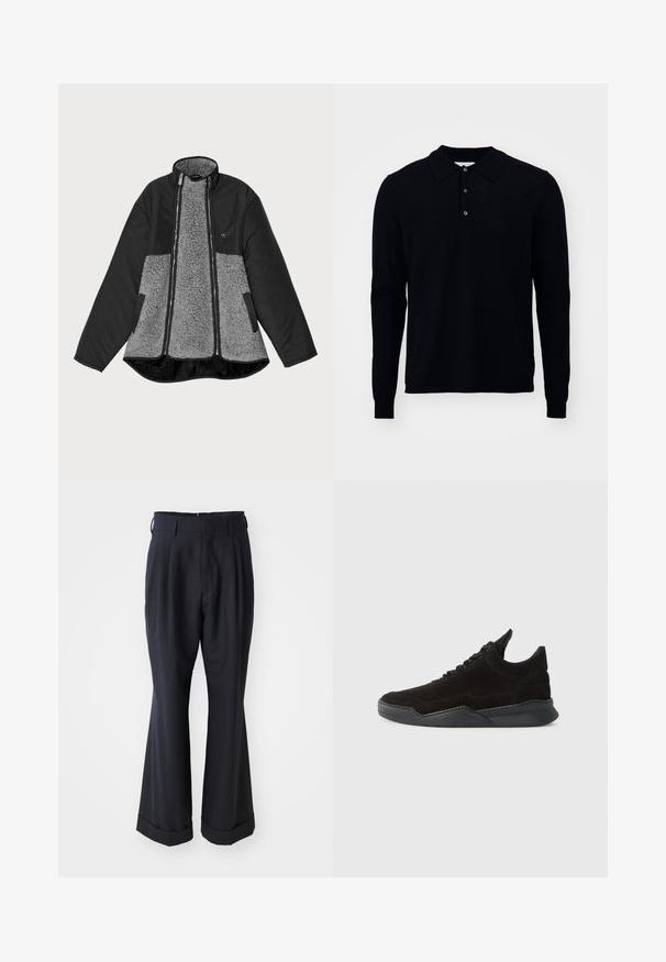Sort og grå jakke med fleece-krop og glat ydre. Har høj krave, lynlåslukning og sidelommer.; Langærmet polo shirt i mørk navy, lavet af fint strikket stof. Har en krave, tre-knap lukning og ribbede manchetter.; Sorte skræddersyede bukser med en afslappet pasform, plisseret forside og vide ben. Har en opsmøg i bunden og en glat stofstruktur.; Sort ruskinds sneakers med lav profil, tekstureret overdel, flade snørebånd og en solid gummisål med en let hæl og buet design.