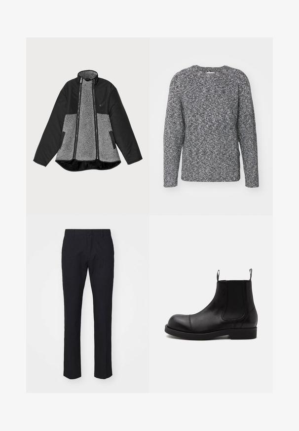 Sort og grå jakke med fleece-krop og glat ydre. Har høj krave, lynlåslukning og sidelommer.; Grå og sort strikket sweater med rund hals, lange ærmer og ribbede manchetter, der har et struktureret, mønstret stof.; Marinebukser i skræddersyet snit, lavet af glat stof. Har flad front, bæltestropper og lige ben med en ren kant.; Sort læder Chelsea-støvle med rund tå, elastiske sidepaneler, stropper foran og bagpå, flad sål, vist fra siden på hvid baggrund.