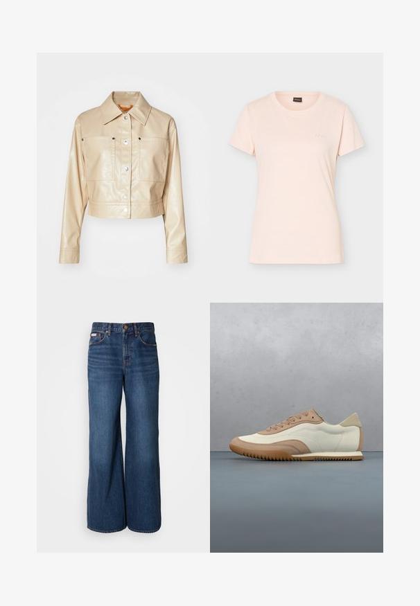 Chaqueta de cuero sintético beige recortada con cuello de punta, botones a presión plateados, dos bolsillos en el pecho y textura suave.; Camiseta de manga corta color rosa claro con cuello redondo y pequeño logo BOSS en relieve en el pecho izquierdo, además de etiqueta negra en el interior del cuello.; Vaqueros de pierna ancha hechos de denim azul oscuro. Incluyen una cintura alta, cinco bolsillos y costuras en contraste de color naranja a lo largo de las costuras.; Zapatilla en crema y beige con parte superior texturizada, cordones y suela de goma, exhibida sobre una superficie de madera con piedras.