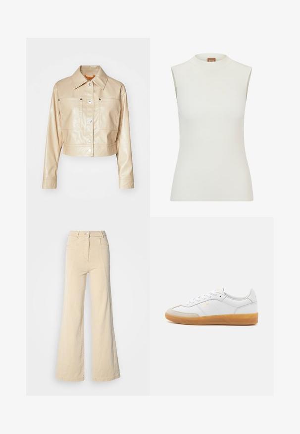Chaqueta de cuero sintético beige recortada con cuello de punta, botones a presión plateados, dos bolsillos en el pecho y textura suave.; Top blanco sin mangas con un escote alto, que presenta una textura acanalada y un diseño ajustado. Etiqueta de la marca "BOSS" visible en el cuello.; Jeans beige de pierna ancha con cintura alta, bolsillos frontales y costuras en contraste, con cierre de botón y una textura de algodón suave.; Zapatilla de cuero blanca con acentos de ante beige, suela de goma y diseño de cordones. Presenta un sutil logo en dorado.