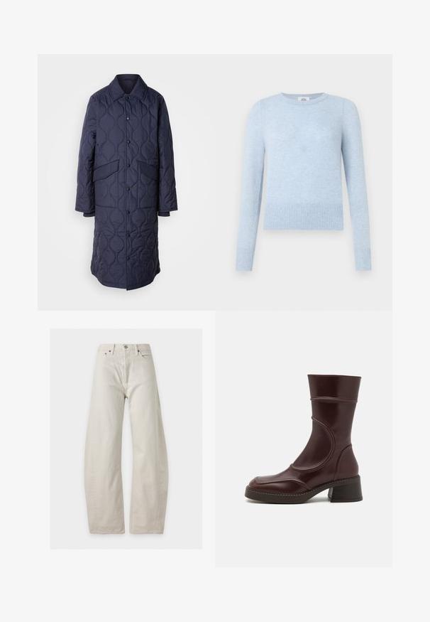 Manteau matelassé marine avec col, poches avant et fermeture à boutons-pression. Présente un motif ondulé distinct sur la texture du tissu.; Pull bleu clair en tissu doux, avec un col rond, des manches longues, un ourlet côtelé et une texture lisse sans motifs ni ornements.; Jean large taille haute blanc cassé avec poches avant, passants de ceinture, fermeture par bouton et coutures visibles sur un fond uni.; MIISTA MALENE - Bottines - brown