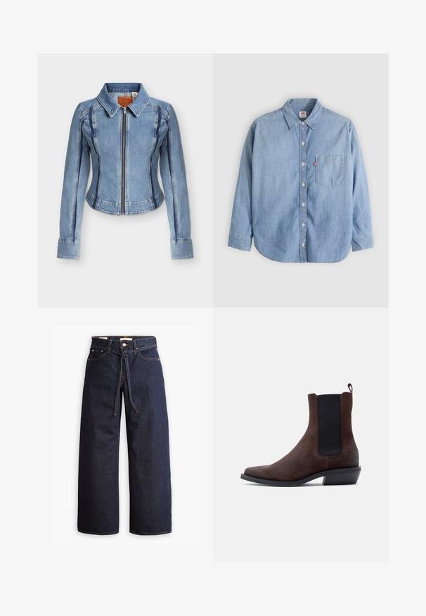 Veste en denim bleu clair à manches longues, fermeture éclair à l'avant, col, et détails de coutures plus foncées sur les manches et les côtés.; Chemise en denim bleu clair avec col boutonné, poche avant et manches longues. Caractérisée par un ourlet arrondi et une texture subtile.; Jeans en denim bleu foncé à jambes larges, avec une taille haute, dotés d'un lien à cordon, de cinq poches et de détails de couture contrastants.; Bottine Chelsea en suédine marron avec panneau latéral élastique noir, languette à l'arrière, talon bas et bout pointu sur fond blanc.