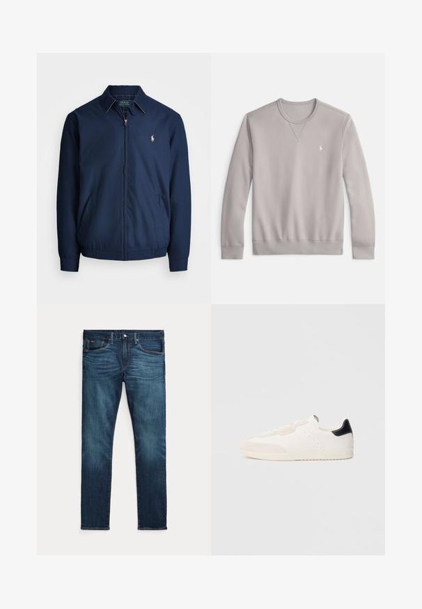 Marine blauwe ritsjack met een kraag, voorzakken, elastische manchetten en een klein geborduurd logo op de borst. Glad stoftextuur.; Grijze sweatshirts van een zachte katoenmengeling, met een ronde hals, geribbelde manchetten en een klein geborduurd logo op de borst.; Donkerblauwe slim-fit jeans met vooraan een knoop en ritssluiting, vijf zakken en subtiel vervagen op de voorkant van de dijen en knieën.; Witte leren sneakers met suède accenten, voorzien van een zwarte hielrand, vetersluiting, geperforeerde details en subtiele merkopdruk aan de zijkant.