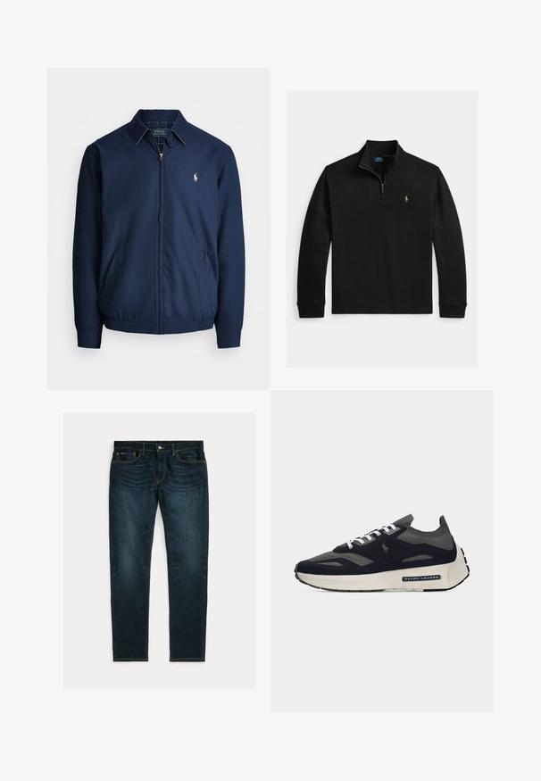 Navy zip-up takki, jossa on kaulus, etutaskut, joustavat hihansuut ja pieni brodeerattu logo rinnassa. Sileä kangasrakenteeltaan.; Musta, pitkähihainen neljännesvetoketjullinen paita, jossa on pystypääntie ja pieni kirjailtu Polo Ralph Lauren -logo vasemmassa rinnassa.; Tummansininen slim-fit farkut, joissa hieman haalistumaa ja viiden taskun malli, asetettuna tasaisesti valkoiselle taustalle.; Miesten musta ja tummanharmaa lenkkari, jossa valkoiset nauhat, paksu valkoinen pohja ja Ralph Lauren -logo sivussa.