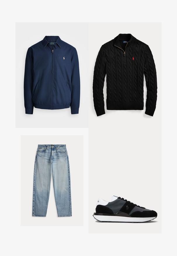 Navy zip-up takki, jossa on kaulus, etutaskut, joustavat hihansuut ja pieni brodeerattu logo rinnassa. Sileä kangasrakenteeltaan.; Musta palmikkoneulottu pooloneule, jossa neljänneksen mittainen vetoketju ja rintaan kirjailtu punainen Polo Ralph Lauren -logo.; Vaaleansiniset rentoistukkaiset farkut. Niissä on korkea vyötärö, viisi taskua ja näkyvät saumat. Pinta on hieman teksturoitu.; Musta-valkoinen matalakärkinen tennari, jossa on mokka- ja nahkapaneelit, valkoiset nauhat ja paksu valkoinen pohja mustalla reunuksella.