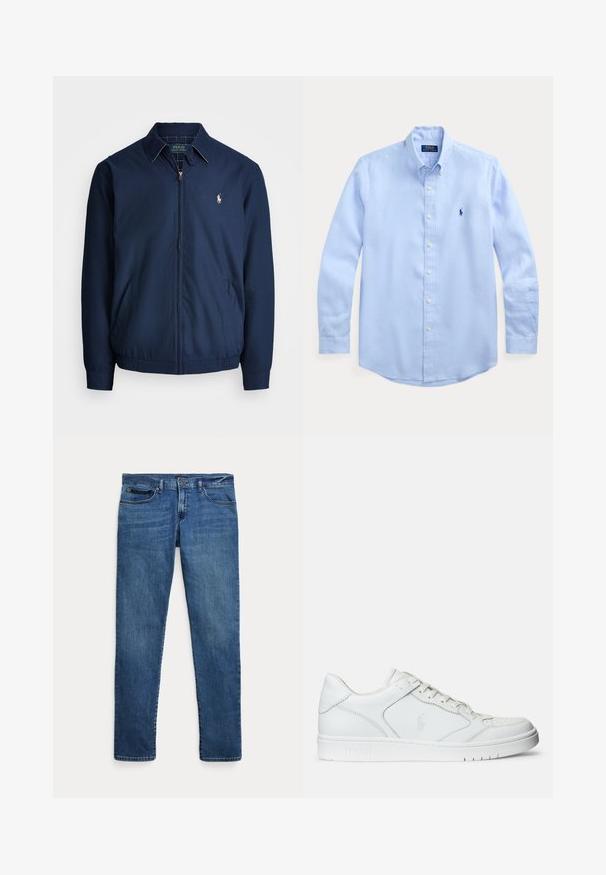 Veste zippée navy avec col, poches avant, poignets élastiques, et un petit logo brodé sur la poitrine. Texture de tissu lisse.; Chemise boutonnée bleu clair en coton, avec un col classique, des manches longues et un petit logo marine sur la poitrine gauche.; Jean en denim bleu à coupe slim, avec poches avant, passants pour ceinture et fermeture à bouton sur fond blanc.; Baskets en cuir blanc avec une texture lisse, présentant un bout perforé, un système de laçage et un logo brodé sur le côté. Semelle en caoutchouc blanc.