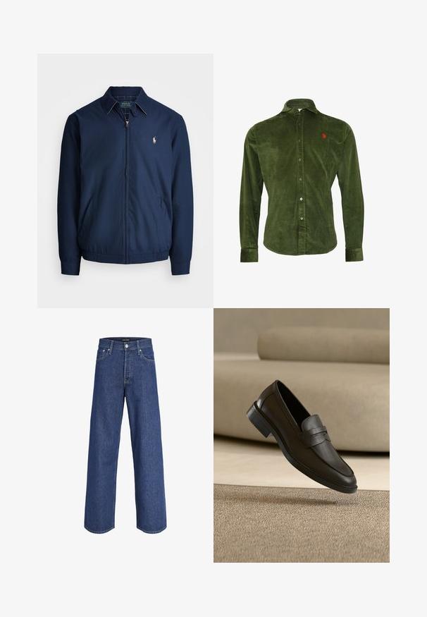 Navy zip-up takki, jossa on kaulus, etutaskut, joustavat hihansuut ja pieni brodeerattu logo rinnassa. Sileä kangasrakenteeltaan.; Musta vihreä corduroy pitkähihaisissa nappikauluspaita, jossa on kaulus ja pieni punainen brodeerattu logo vasemmassa rinnassa.; Siniset leveälahkeiset farkut, joissa on nappi- ja vetoketjukiinnitys, vyölenkit ja etutaskut, esillä valkoista taustaa vasten.; Musta nahkainen loafer-kenkä lepää beigen maton päällä, taustalla kaareva beige sohva.