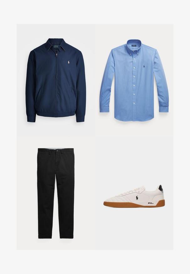 Tumes sinine lukuga jakk, millel on krae, ees taskud, elastsed mansetid ja väike tikand rinnal. Sile kangastekstuur.; Hele sinine pika varrukaga nööbitav särk nööbitava kraega ja Polo Ralph Laureni logo rinnal tikandina.; Mustad sirgjoonelised püksid vööaasade, eesnupu ja küljetaskutega, esitatud lameda kujul heledal taustal.; Valge madala lõikega toss pruuni kummist tallaga, must Polo Ralph Laureni logo küljel ja "RL" tekst kandjalosal.
