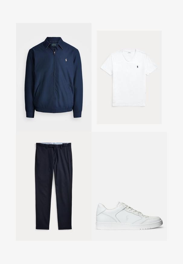 Marineblaue Zip-Jacke mit Kragen, Fronttaschen, elastischen Bündchen und einem kleinen gestickten Logo auf der Brust. Glatte Stofftextur.; Weißes V-Ausschnitt-T-Shirt mit kurzen Ärmeln und kleinem dunkelblauem Polo Ralph Lauren Logo auf der linken Brust, flach auf hellem Hintergrund präsentiert.; Marineblaue Herrenhose mit Gürtelschlaufen, Reißverschluss und Seitentaschen, flach auf weißem Hintergrund ausgelegt.; Weißer Ledersneaker mit glatter Textur, ausgestattet mit einer perforierten Zehenpartie, Schnürverschluss und gesticktem Logo an der Seite. Weiße Gummisohle.