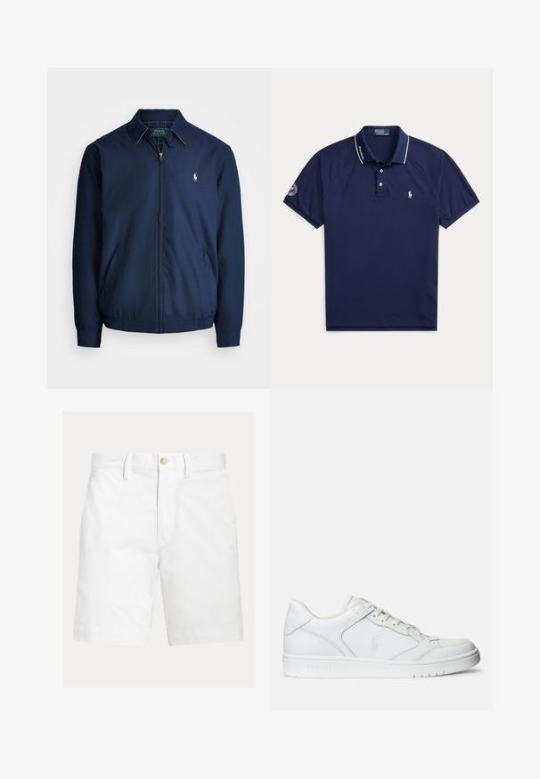 Marineblaue Zip-Jacke mit Kragen, Fronttaschen, elastischen Bündchen und einem kleinen gestickten Logo auf der Brust. Glatte Stofftextur.; Marineblaues kurzärmliges Polohemd mit weißem Kragenbesatz, zwei Knöpfen, kleinem weißen Pferdelogo auf der Brust und rundem Aufnäher am Ärmel.; Weiße kniehohe Shorts mit Gürtelschlaufen und braunem Knopfverschluss an der Taille, auf schlichtem Hintergrund dargestellt.; Weißer Ledersneaker mit glatter Textur, ausgestattet mit einer perforierten Zehenpartie, Schnürverschluss und gesticktem Logo an der Seite. Weiße Gummisohle.