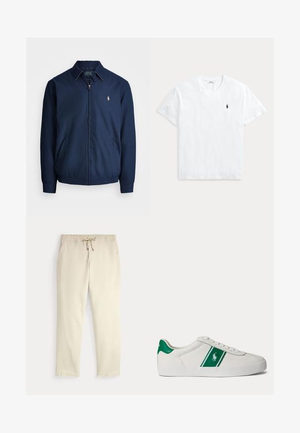 Marineblå lynlåsjakke med krave, forlommer, elastiske manchetter og et lille broderet logo på brystet. Glat stoftekstur.; Hvid T-shirt med V-hals og korte ærmer med lille navyblåt Polo Ralph Lauren hestelogo på venstre bryst.; Off-white afslappede bukser med elastisk talje og snor, lige ben og sidelommer mod en ensfarvet baggrund.; Hvid low-top sneaker med grøn stribe og Polo-logo på siden, grøn hæl-flik og hvide snørebånd, vist fra venstre side på ensfarvet baggrund.