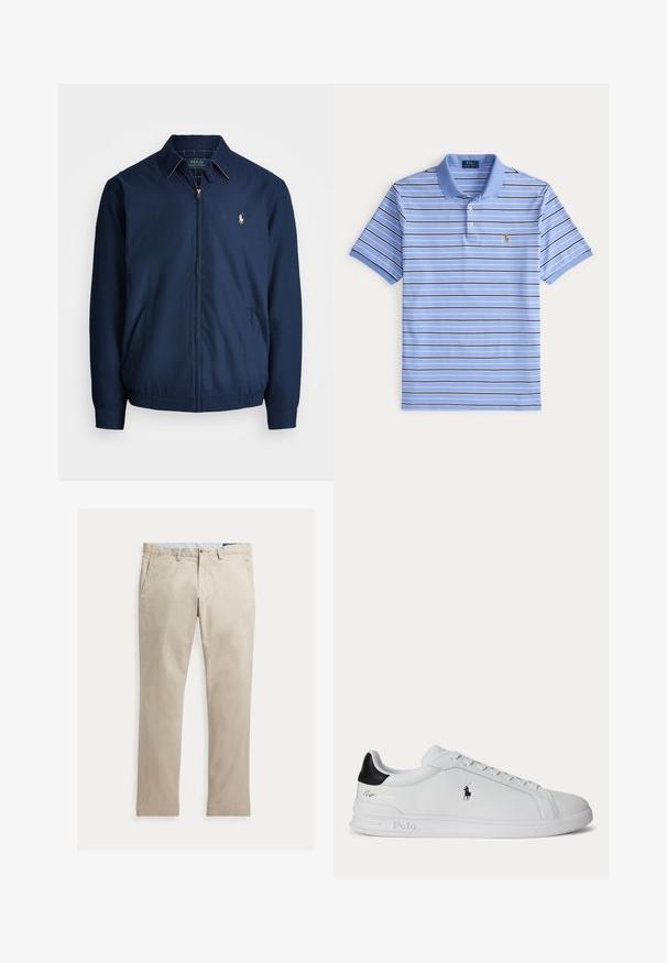 Marineblaue Zip-Jacke mit Kragen, Fronttaschen, elastischen Bündchen und einem kleinen gestickten Logo auf der Brust. Glatte Stofftextur.; Hellblaues Polo Ralph Lauren Poloshirt mit schmalen horizontalen weißen und marineblauen Streifen, kurzen Ärmeln, zwei-Knopf-Leiste und gesticktem Logo auf der Brust.; Beige Baumwollhose mit geradem Bein, Fronttaschen, Gürtelschlaufen, Knopfverschluss und Reißverschluss, flach auf weißem Hintergrund dargestellt.; Weißer Sneaker mit niedrigem Schaft, schwarzem Fersenlasche, Schnürsenkeln und Polo Ralph Lauren Logo an der Seite, mit geprägten Sohlen-Details.