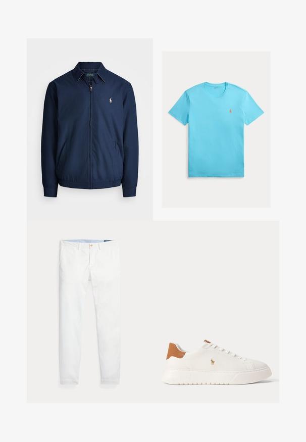 Marine blauwe ritsjack met een kraag, voorzakken, elastische manchetten en een klein geborduurd logo op de borst. Glad stoftextuur.; Lichtblauw katoenen T-shirt met ronde hals, korte mouwen en een klein oranje geborduurd logo op de linkerborst. Gladde textuur.; Witte katoenen chino's met een slim fit, voorzien van een enkele gouden knoopsluiting en een lichtblauwe binnenband. Gladde textuur zonder patronen.; Witte lage sneaker met beige hieltab, witte veters en klein geborduurd polo spelerlogo aan de zijkant boven een dikke zool.