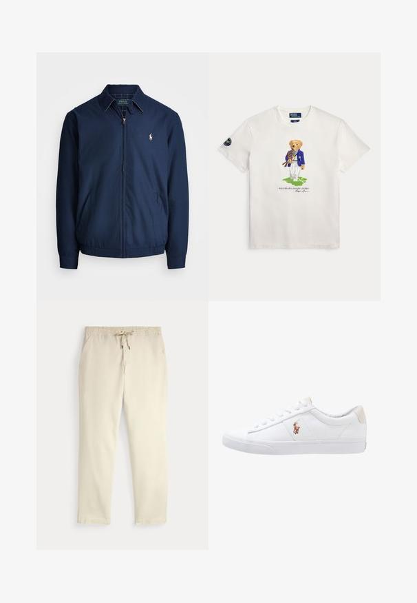 Marineblaue Zip-Jacke mit Kragen, Fronttaschen, elastischen Bündchen und einem kleinen gestickten Logo auf der Brust. Glatte Stofftextur.; Weißes T-Shirt mit einem Teddybär in blauem Blazer, der Tennisschläger hält und auf einem grünen Platz steht, mit Text darunter.; Beige legere Hosen mit elastischem Bund und Kordelzug, gerade Hosenbeine und seitlichen Taschen vor einem einfarbigen Hintergrund.; Weiße Leinensneaker im Low-Top-Design mit einem beigen Ferseneinsatz und einem kleinen gestickten Logo an der Seite. Gummisohle.