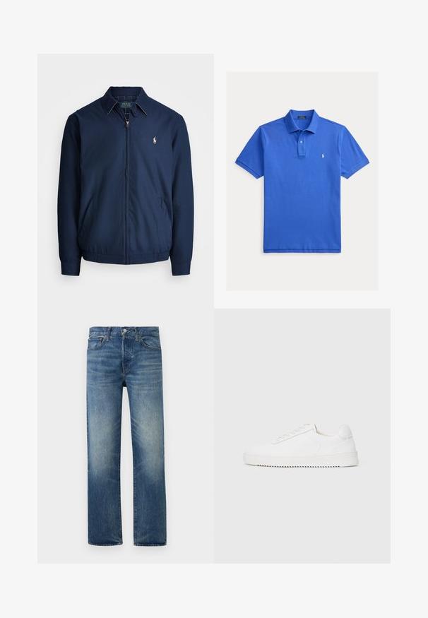Marineblå lynlåsjakke med krave, forlommer, elastiske manchetter og et lille broderet logo på brystet. Glat stoftekstur.; Blå poloshirt med korte ærmer, krave, to-knaps placket og lille hvidt broderet Ralph Lauren-logo på venstre bryst.; Blå falmede straight-leg cowboybukser med knap og lynlås foran, bæltestropper og forlommer på ensfarvet baggrund.; Hvid sneaker med en glat læderoverdel, rund tå, snørebånd, teksturerede sideaccenter og en tyk gummisål. Minimalistisk design.